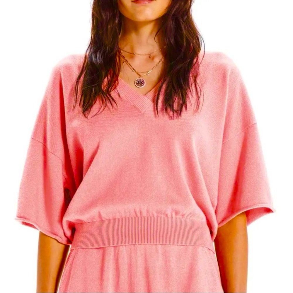 MOTHER The Boxy Crop V-Neck Pink Knit Short Sleeve Top Small